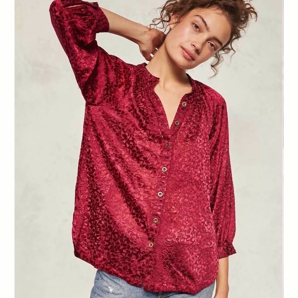 Anthropologie Burgundy Burnout Floral Velvet Buttondown Shirt Size XL NWT